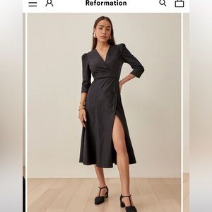 Reformation hilltop black midi wrap dress 3/4 sleeve